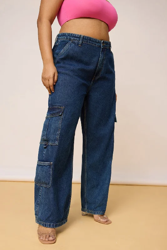 Comfortable Women's Apparel Curved Blue Denim Cargo Jeans