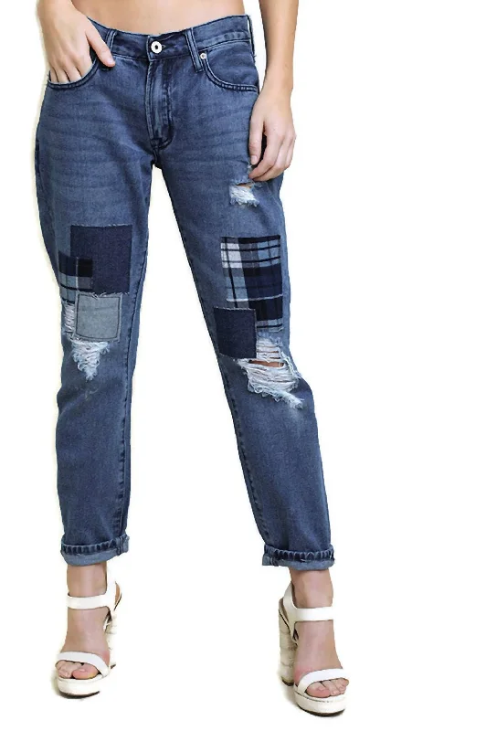 Women's Evening Wear for Special Occasions Distressed Patchwork Boyfriend Jean In Dark Denim