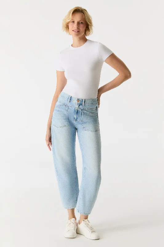 Clothes Sales Selena Mid Waist Ankle Length Drop Crotch Patch Pocket Jeans Light Blue