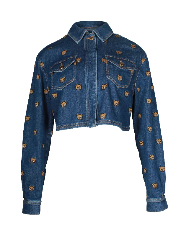 Cheap Women's Clothing Online Moschino Teddy Bear Embroidered Denim Jacket In Blue Cotton