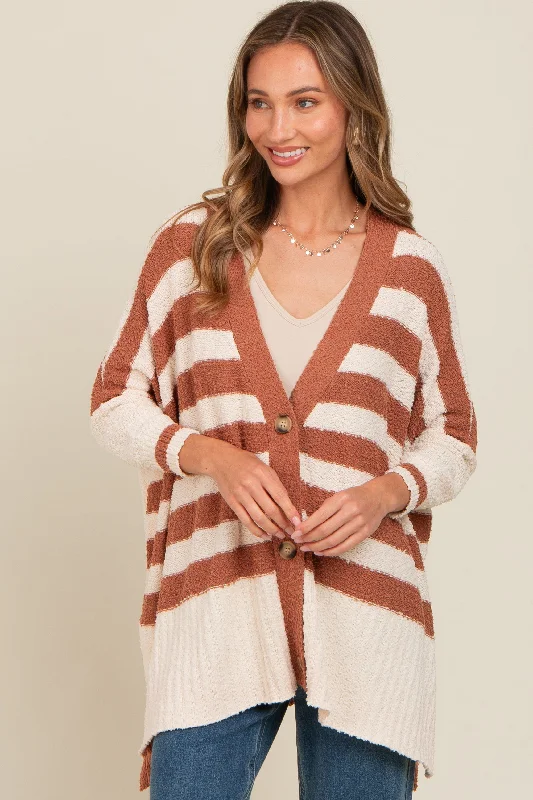 Women's Evening Wear Mocha Textured Knit Striped Oversized Cardigan