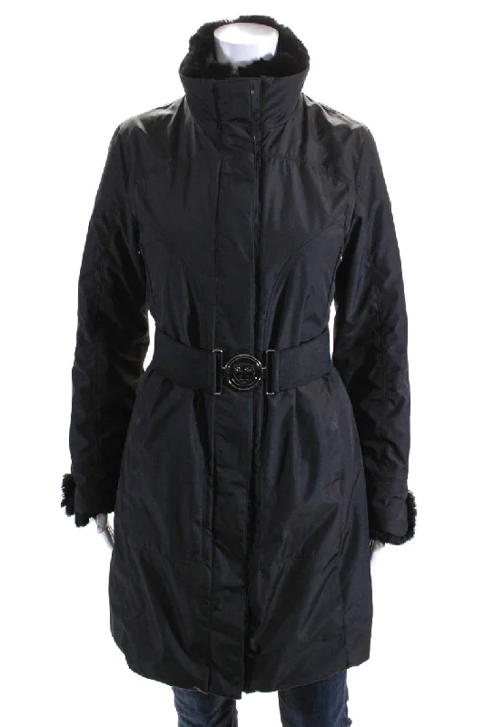 Elegant Women's Evening Garments Post Card Womens Rabbit Fur Trim Full Zipper Belted Coat Black