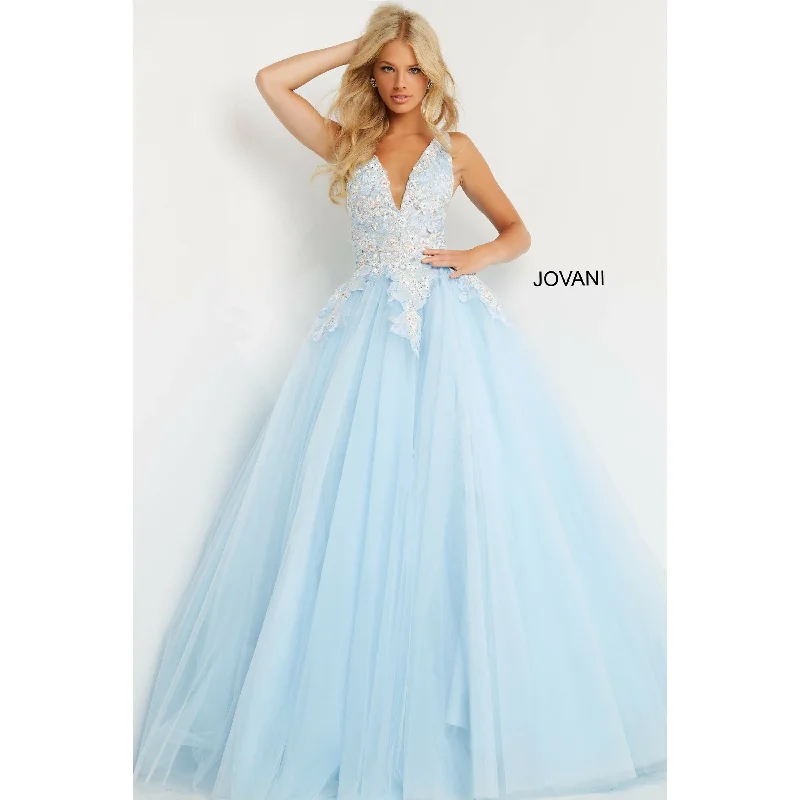 Women's Functional Apparel For Outdoor Activities Jovani Light Blue Deep V Neck Floral Prom Ballgown 06808