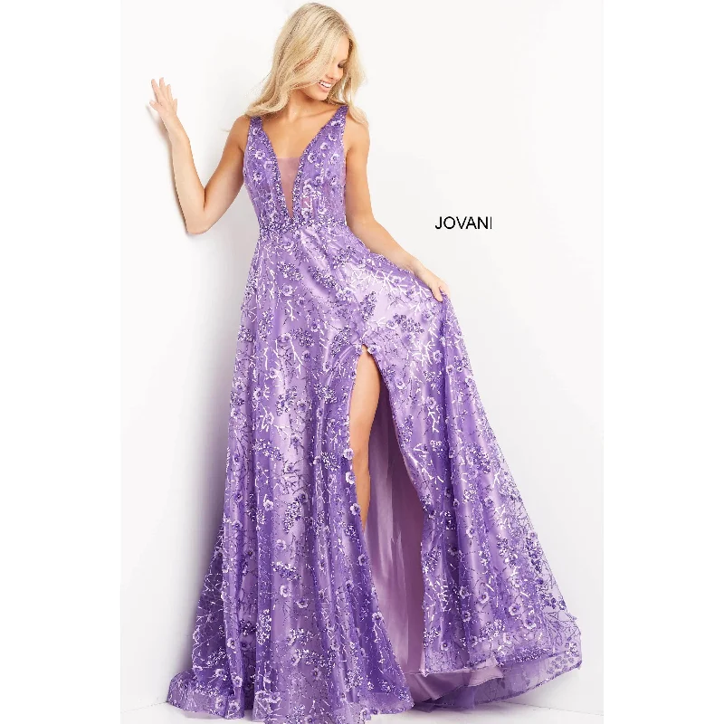 Sustainable Women's Apparel Jovani Purple Floral Embroidered A Line Prom Gown 08422