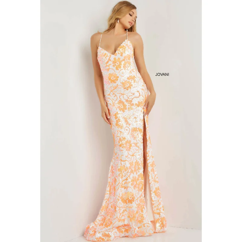 Women's Versatile Apparel Jovani Ivory Orange Sequin Floral Sheath Prom Dress 08255