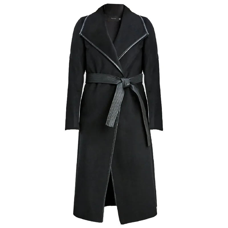 Designer Women's Fashion Online Juliette Double Face Faux Leather Trim Belted  Wool Coat Black