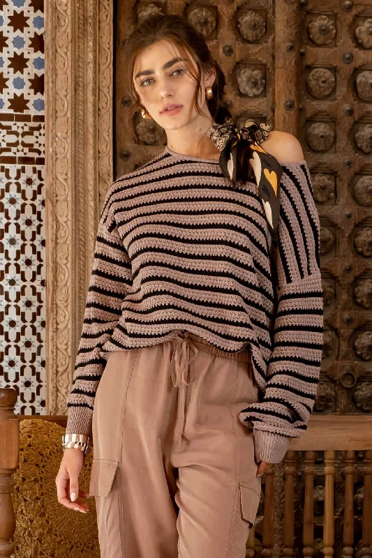 Fashionable Casual Tops Mocha Striped Sweater