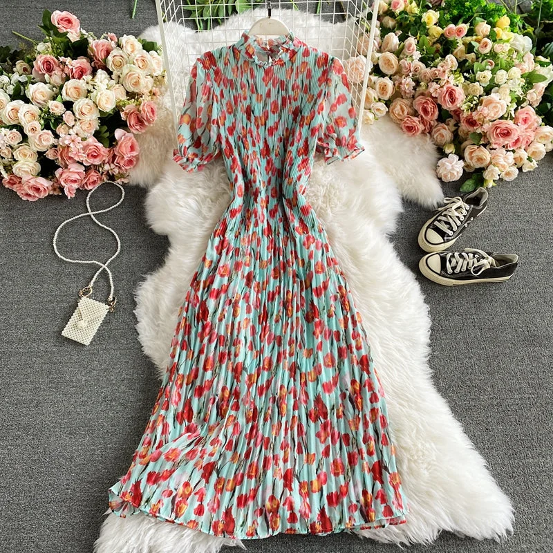 Women's Clothing Apparel Sets Floral Chiffon Pleated Dress  2881