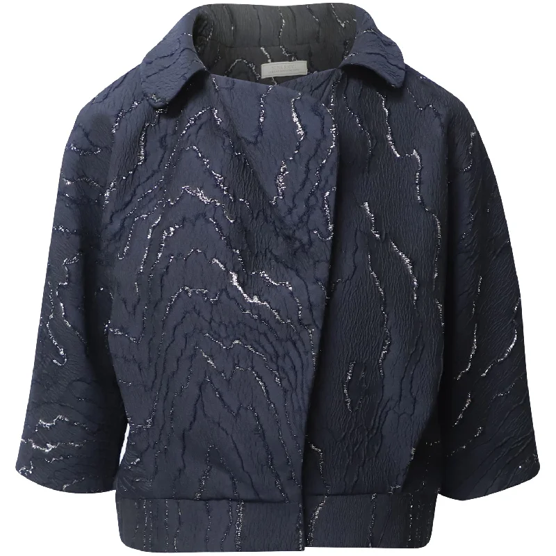 Trendy Women's Apparel for All Seasons Nina Ricci Jacquard Bolero Jacket in Navy Blue Cotton