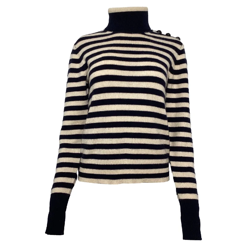 Flash Discount Chloe Striped Turtleneck Sweater in Navy and Cream Wool