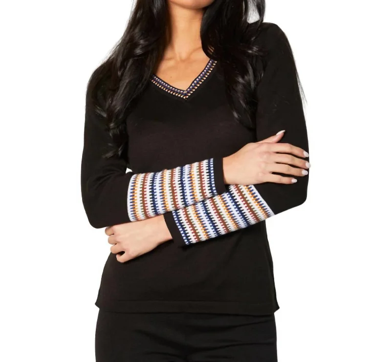 Comfortable Women's Clothing V-Neck Sweater In Black/multi