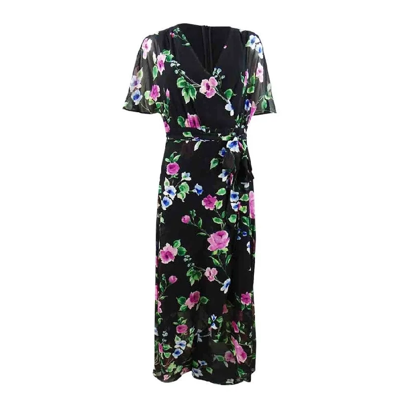 Women's Wedding Apparel Jessica Howard Women's Floral-Print Faux-Wrap Maxi Dress (8, Black Multi)