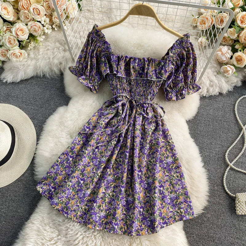 Women's Formal Wear French sweet waist closing thin square neck bubble sleeve Floral Dress  3189