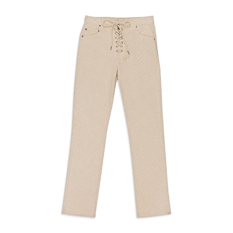 Women's Vacation Outfit CALLIPYGIAN STRETCH CURDUROY OFF-WHITE LACE-UP JEANS