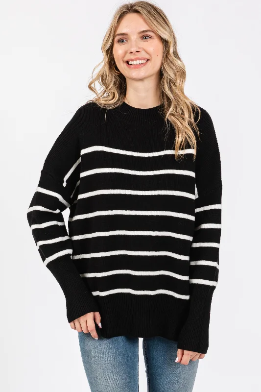 Luxury Women's Clothing Black Striped Drop Shoulder Sweater