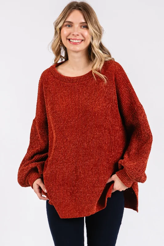 Women's Office Outfit Rust Chenille Knit Balloon Sleeve Sweater