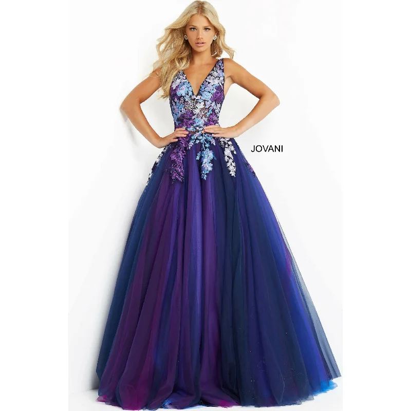 Women's Clothes Jovani Navy Multi Floral Bodice Tulle Prom Ballgown  06807