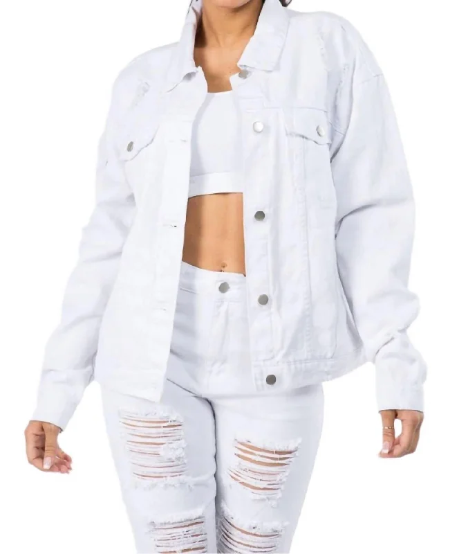 Elegant Women's Fashion Graphic Distressed Denim Jacket In White