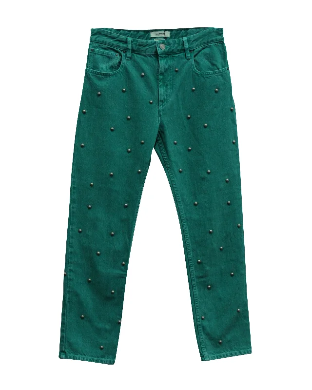 Minimalist Women's Fashion Clothing Isabel Marant Etoile Pearl Studded Jeans in Green Cotton