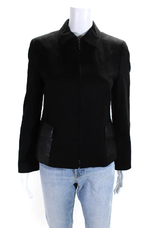 Women's Travel Garments Akris Punto Womens Wool Patchwork Zipped Long Sleeve Jacket Black