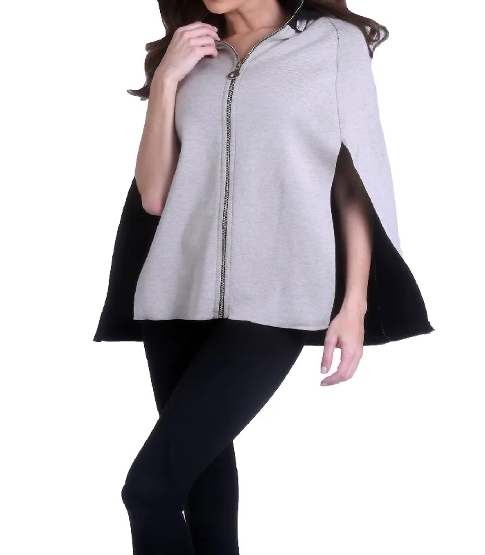 Women's Clothing With Trendy Designs High Slit Detachable Hooded Poncho In Black/stone