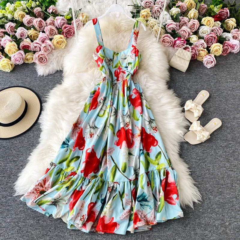 Women's Chic Apparel Floral dress open back French long skirt  2847