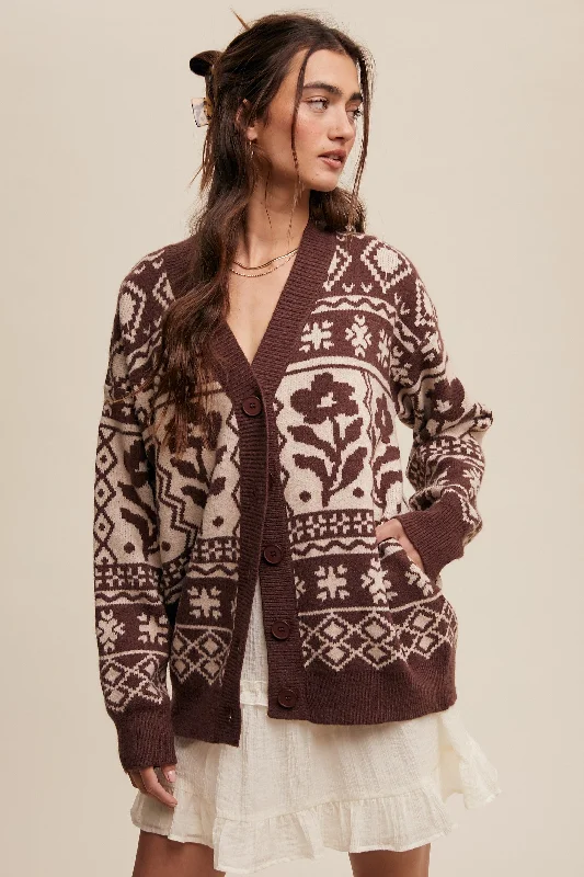 Sophisticated Women's Fashion Mocha Printed Button Up Cardigan