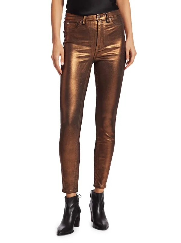 Women's Casual Attire Metallic Coated Jeans In Bronze