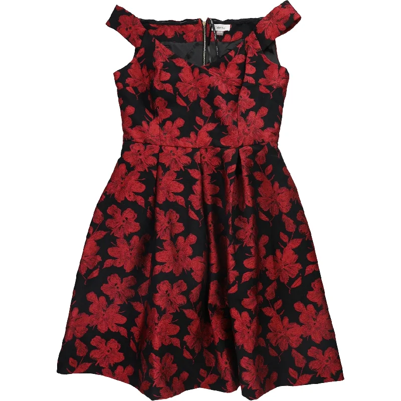 High-Quality Women's Fashion Dresses Calvin Klein Womens Brocade Floral Fit & Flare Dress, Red, 12