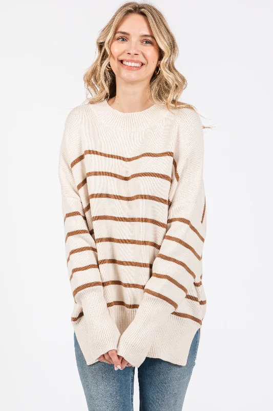 Casual Dresses for Women Beige Striped Drop Shoulder Sweater