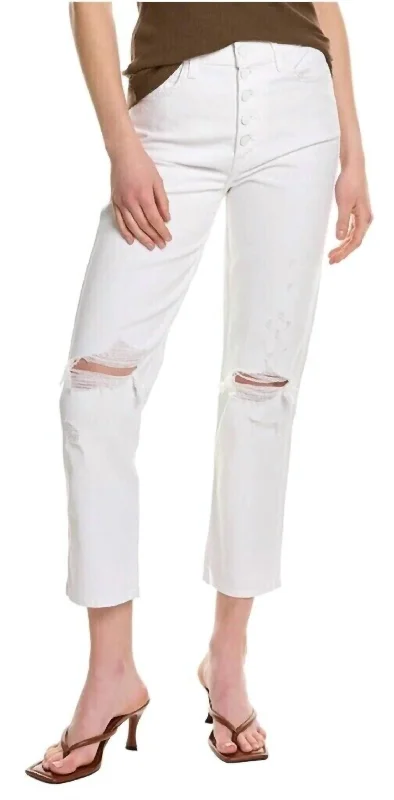 Women's Activewear Attire Hi-Waist Button Fly Cropped Straight Jeans In White