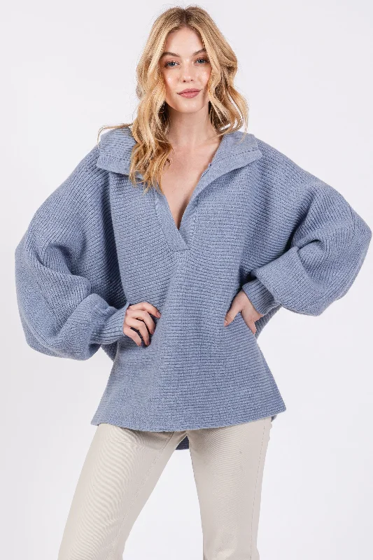 Elegant Women's Fashion Blue Oversize Collared Knit Sweater